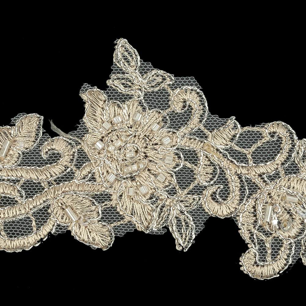 Light Champagne Floral Beaded Bridal Lace Trim with Silver Cording - 2.5" Detail Light Champagne Floral Beaded Bridal Lace Trim with Silver Cording - 2.5" Detail
