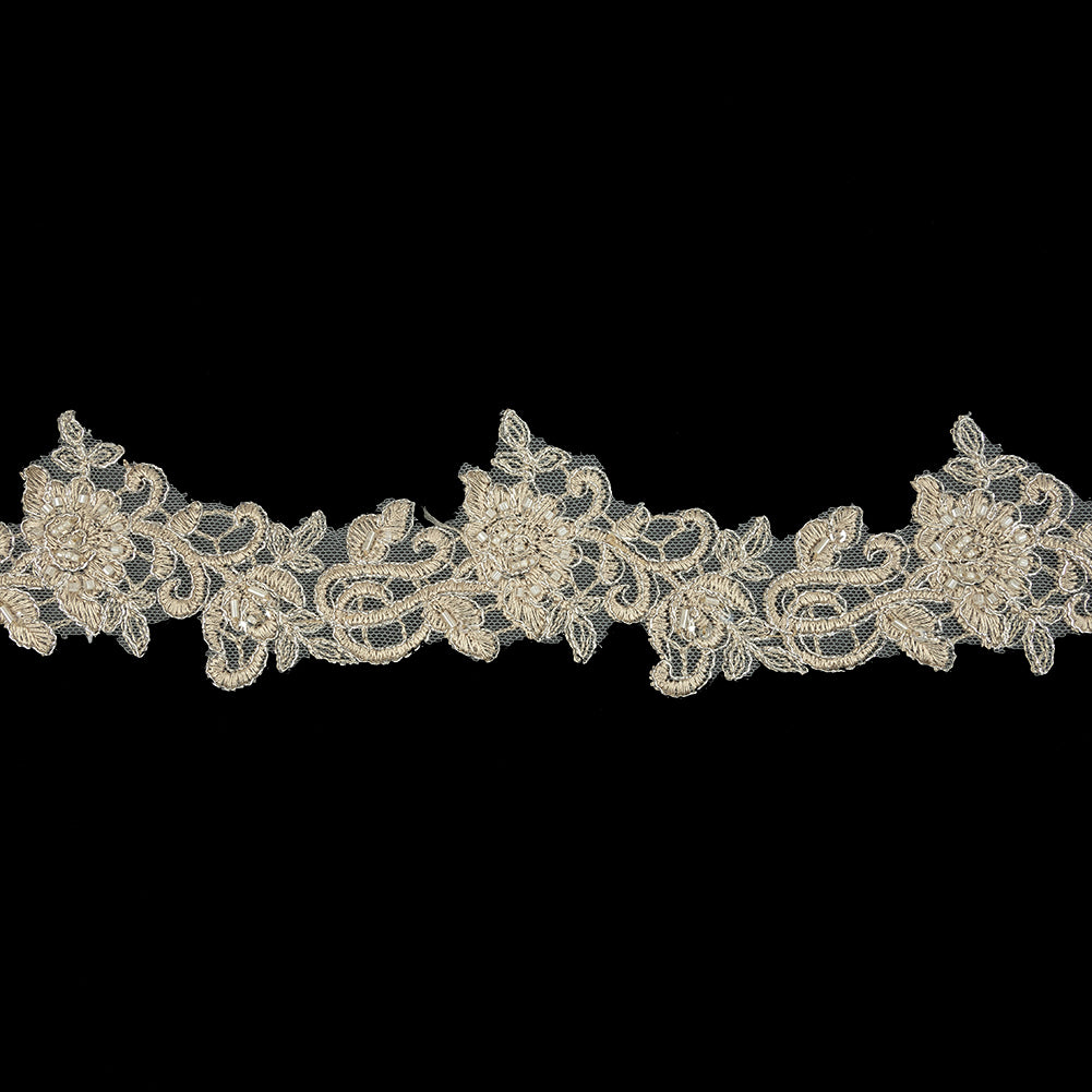 Light Champagne Floral Beaded Bridal Lace Trim with Silver Cording - 2.5" Light Champagne Floral Beaded Bridal Lace Trim with Silver Cording - 2.5"
