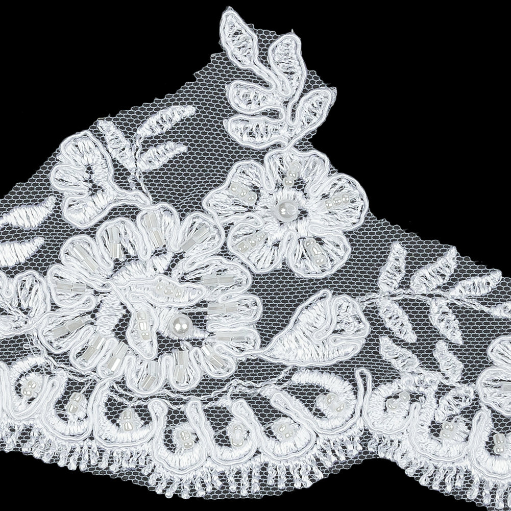 White Scalloped Floral Beaded and Corded Bridal Lace Trim - 3.5" Detail White Scalloped Floral Beaded and Corded Bridal Lace Trim - 3.5" Detail