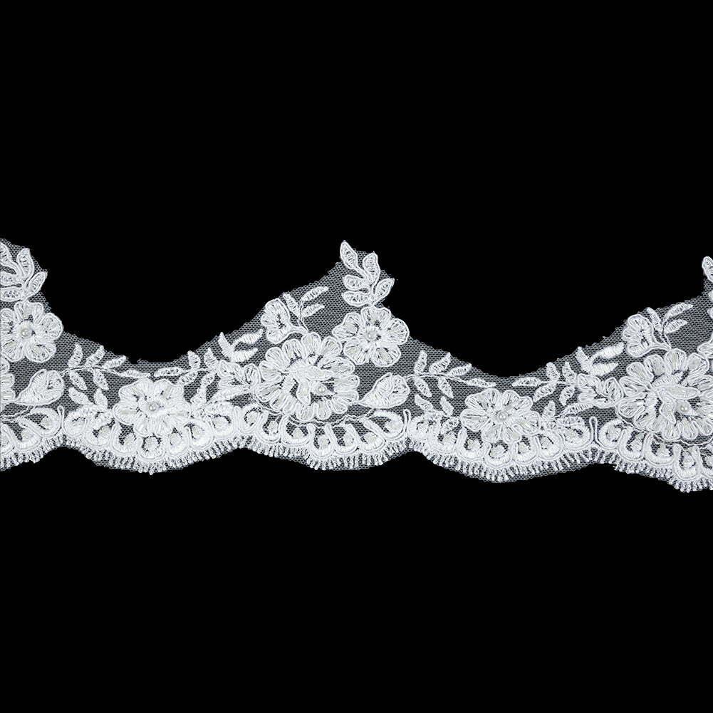 White Scalloped Floral Beaded and Corded Bridal Lace Trim - 3.5" White Scalloped Floral Beaded and Corded Bridal Lace Trim - 3.5"