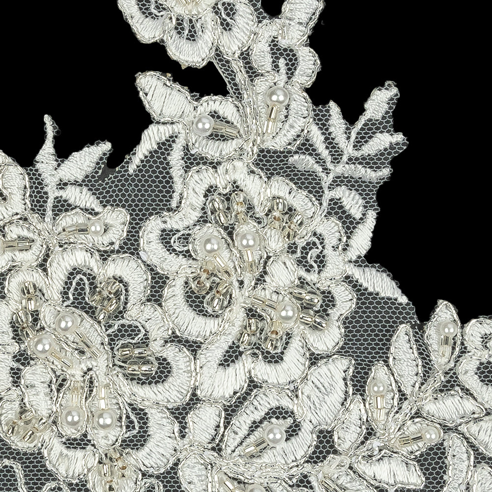Off White and Silver Floral Scalloped Beaded and Corded Bridal Lace Trim - 5.5" Detail Off White and Silver Floral Scalloped Beaded and Corded Bridal Lace Trim - 5.5" Detail