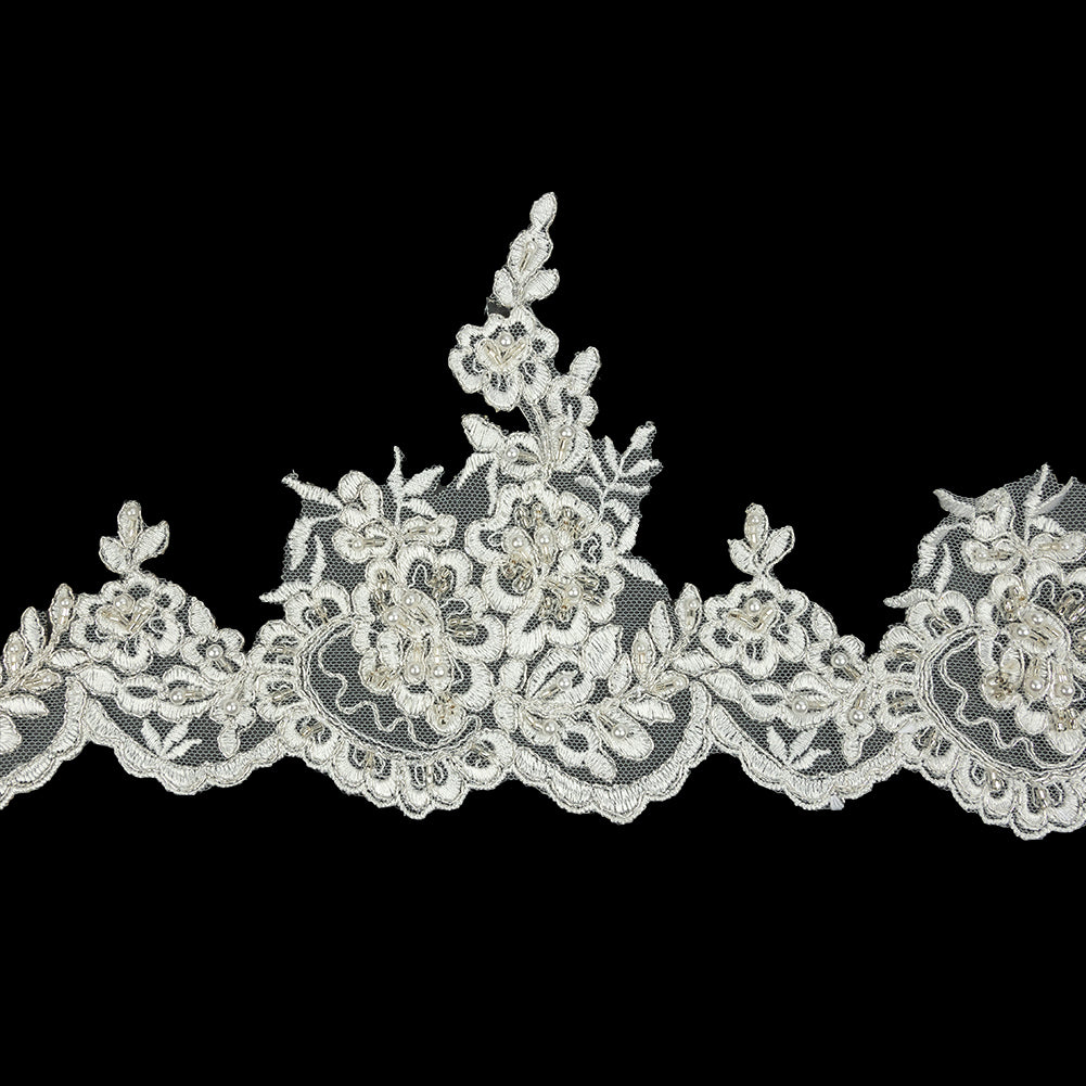 Off White and Silver Floral Scalloped Beaded and Corded Bridal Lace Trim - 5.5" Off White and Silver Floral Scalloped Beaded and Corded Bridal Lace Trim - 5.5"