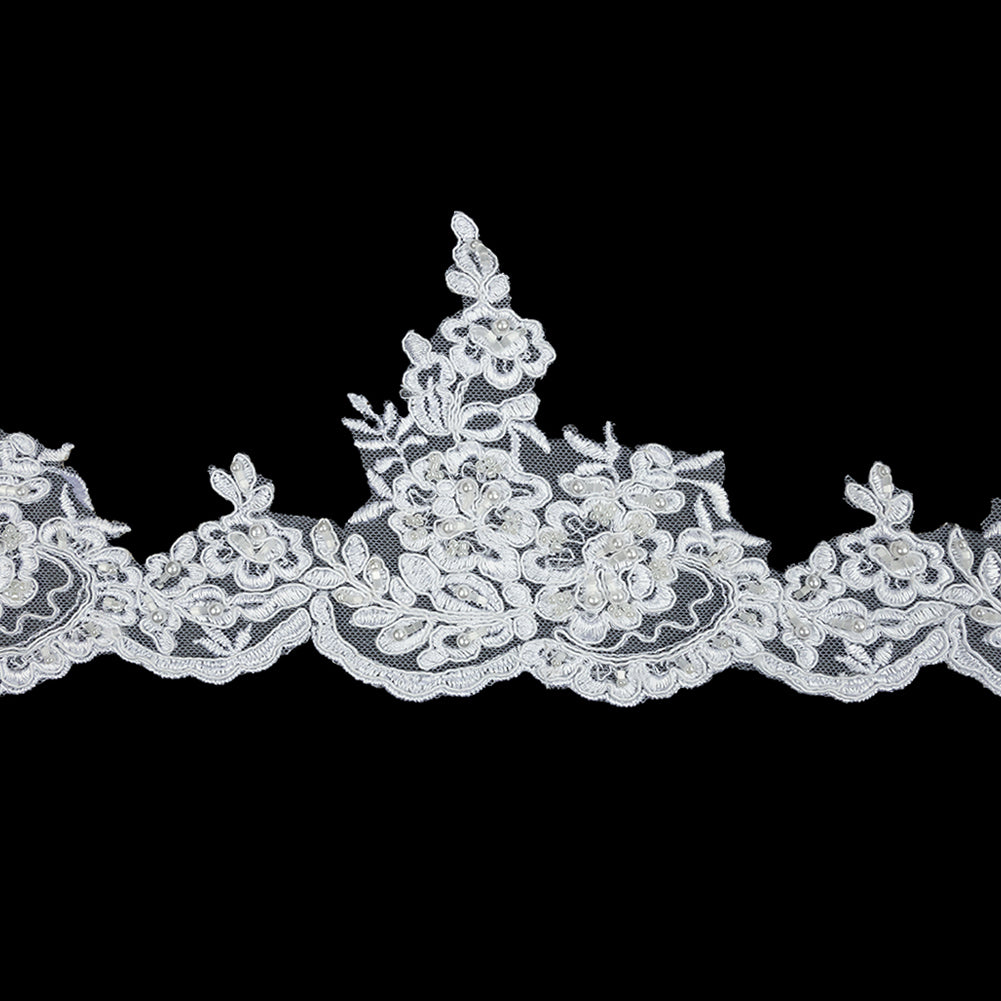 White Floral Scalloped Beaded and Corded Bridal Lace Trim - 5.5" White Floral Scalloped Beaded and Corded Bridal Lace Trim - 5.5"