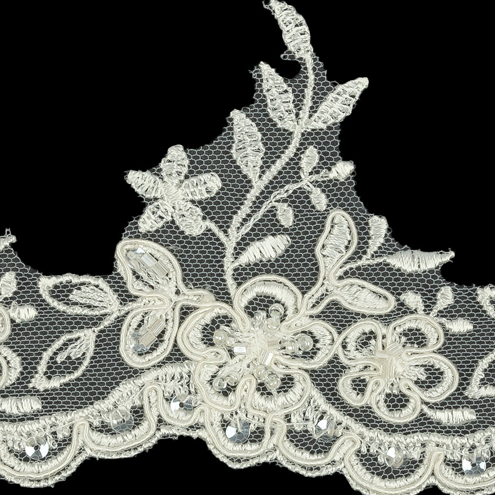 Off White Floral Beaded and Corded Scalloped Bridal Lace Trim - 3.5" Detail Off White Floral Beaded and Corded Scalloped Bridal Lace Trim - 3.5" Detail