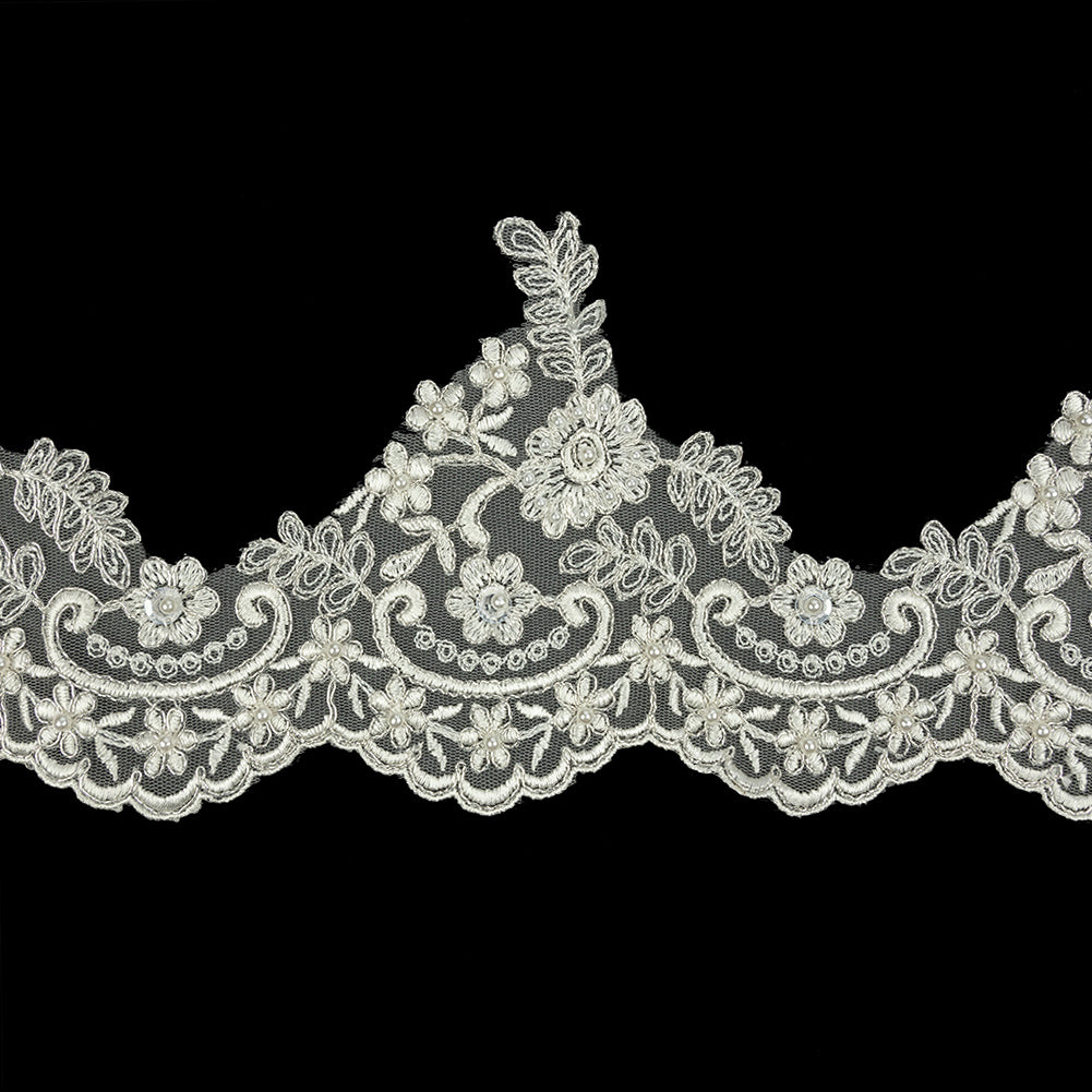 Off White and Metallic Silver Floral and Scalloped Bridal Lace Trim with Faux Pearl Beads - 5.5" Off White and Metallic Silver Floral and Scalloped Bridal Lace Trim with Faux Pearl Beads - 5.5"