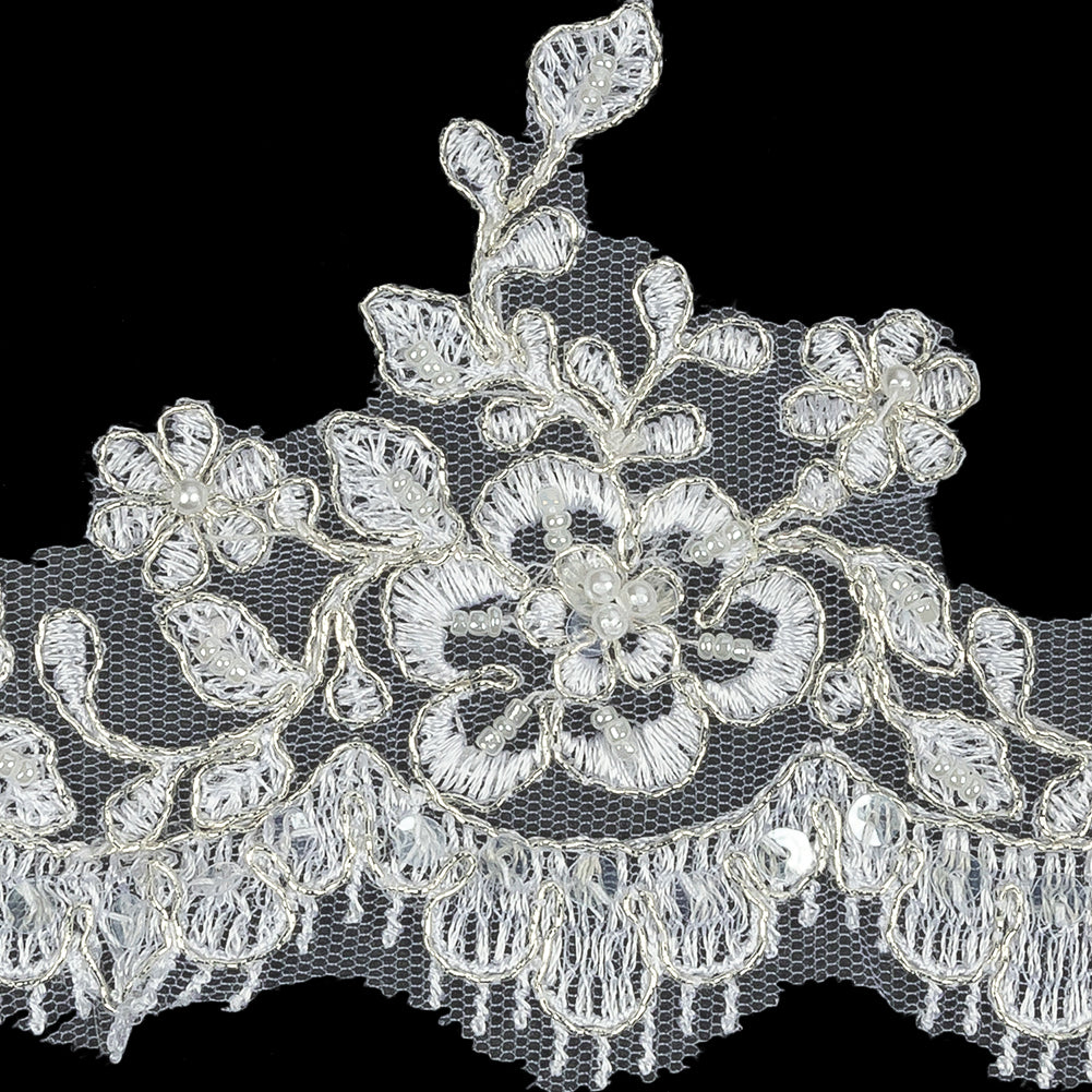 White and Metallic Silver Floral and Fringed Scallops Corded Bridal Lace Trim with Faux Pearl Beads - 3.5" Detail White and Metallic Silver Floral and Fringed Scallops Corded Bridal Lace Trim with Faux Pearl Beads - 3.5" Detail