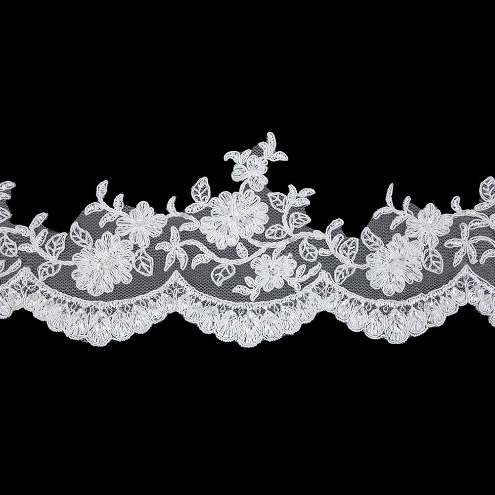 White Floral Corded, Sequins and Beaded Bridal Lace Trim with Scalloped Edge - 4.5" White Floral Corded, Sequins and Beaded Bridal Lace Trim with Scalloped Edge - 4.5"