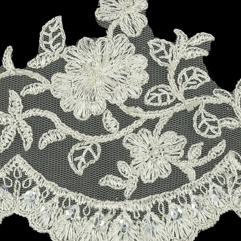 Off White and Striped Metallic Silver Floral Sequins and Beaded Bridal Lace Trim with Scalloped Edge - 4.5" Detail Off White and Striped Metallic Silver Floral Sequins and Beaded Bridal Lace Trim with Scalloped Edge - 4.5" Detail