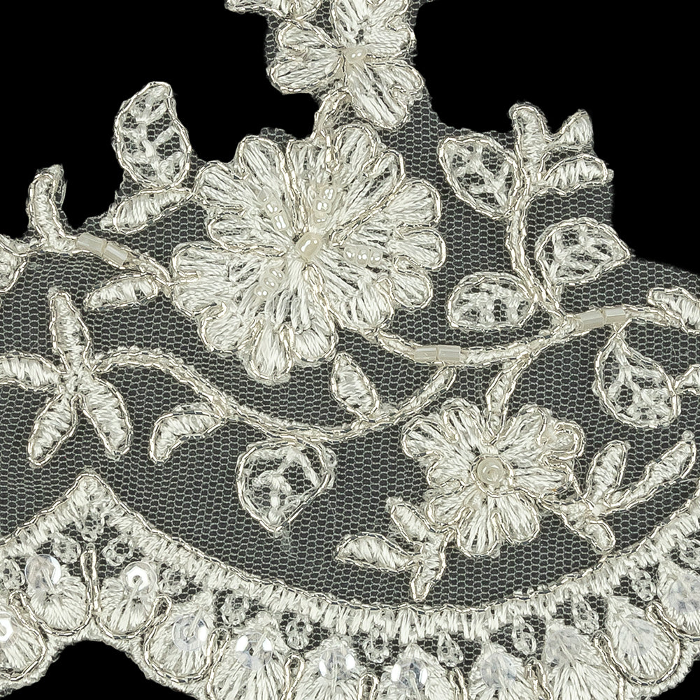Off White and Metallic Silver Floral Sequins and Beaded Bridal Lace Trim with Scalloped Edge - 4.5" Detail Off White and Metallic Silver Floral Sequins and Beaded Bridal Lace Trim with Scalloped Edge - 4.5" Detail