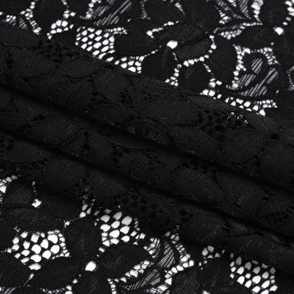 Shimmering Black Floral Stretch Lace Trim with Scalloped Edges - 11.25" Folded Shimmering Black Floral Stretch Lace Trim with Scalloped Edges - 11.25" Folded