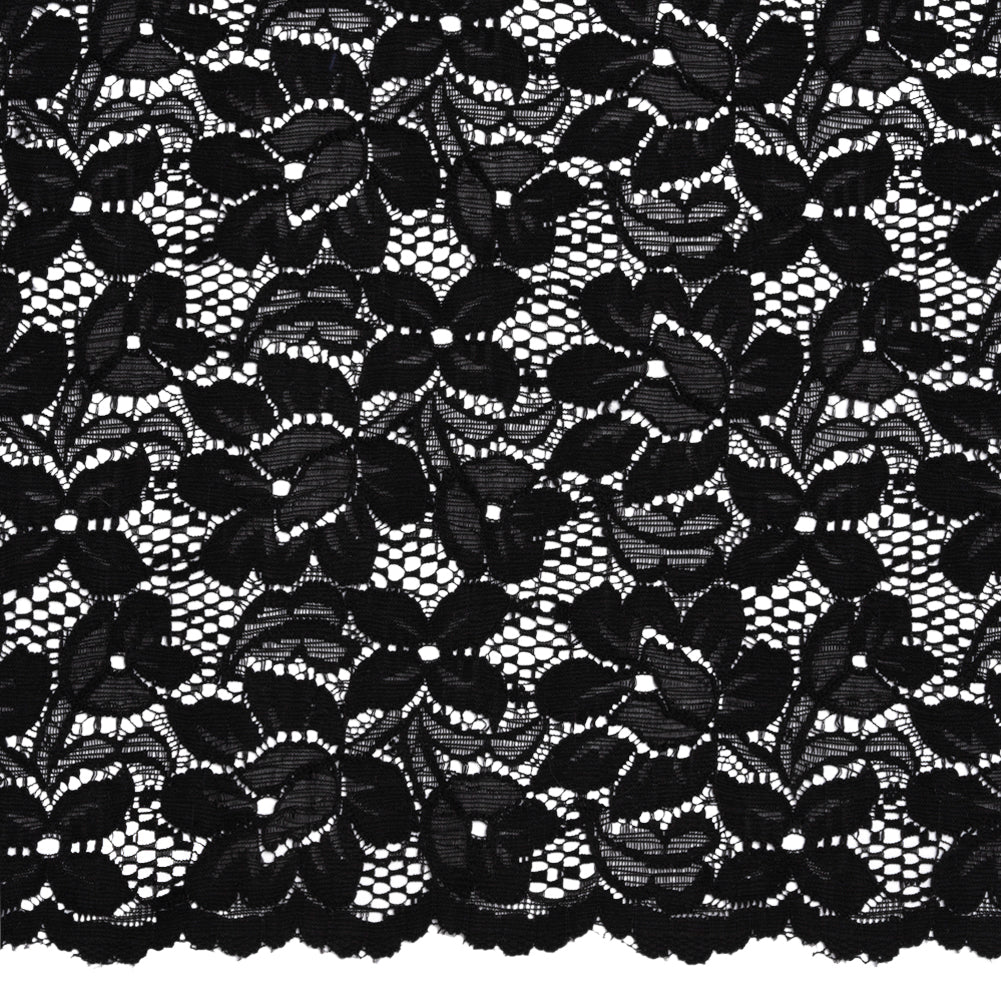 Shimmering Black Floral Stretch Lace Trim with Scalloped Edges - 11.25" Detail Shimmering Black Floral Stretch Lace Trim with Scalloped Edges - 11.25" Detail