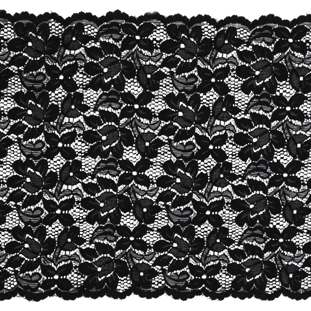 Shimmering Black Floral Stretch Lace Trim with Scalloped Edges - 11.25" Shimmering Black Floral Stretch Lace Trim with Scalloped Edges - 11.25"