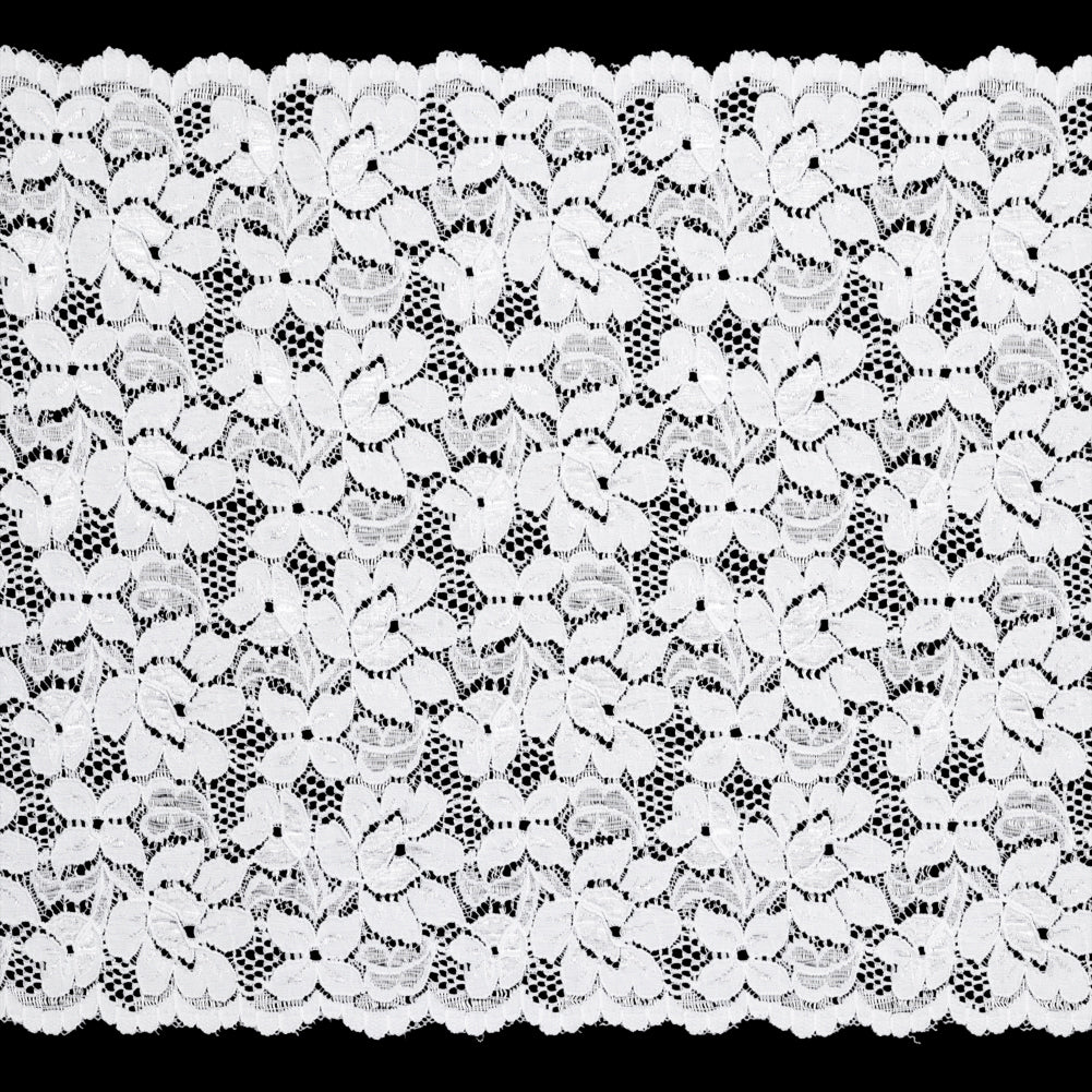 Shimmering White Floral Stretch Lace Trim with Scalloped Edges - 11.25" Shimmering White Floral Stretch Lace Trim with Scalloped Edges - 11.25"