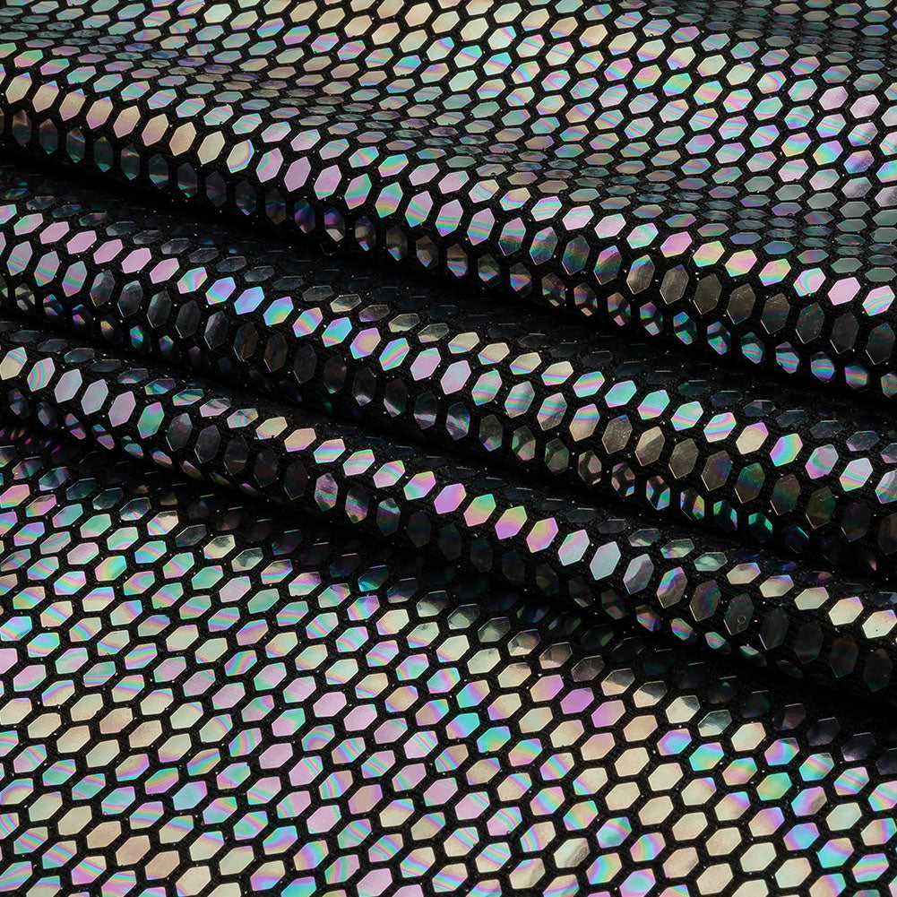 Black and Silver Oil Slick Hexagons Foiled Stretch Nylon Knit Black and Silver Oil Slick Hexagons Foiled Stretch Nylon Knit