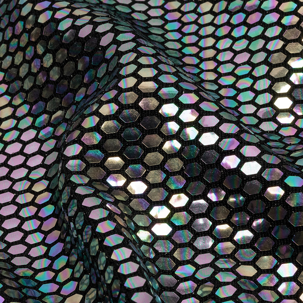 Black and Silver Oil Slick Hexagons Foiled Stretch Nylon Knit Black and Silver Oil Slick Hexagons Foiled Stretch Nylon Knit