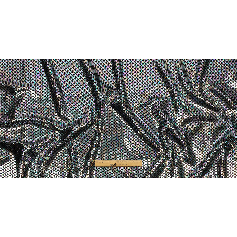 Black and Silver Oil Slick Hexagons Foiled Stretch Nylon Knit Black and Silver Oil Slick Hexagons Foiled Stretch Nylon Knit