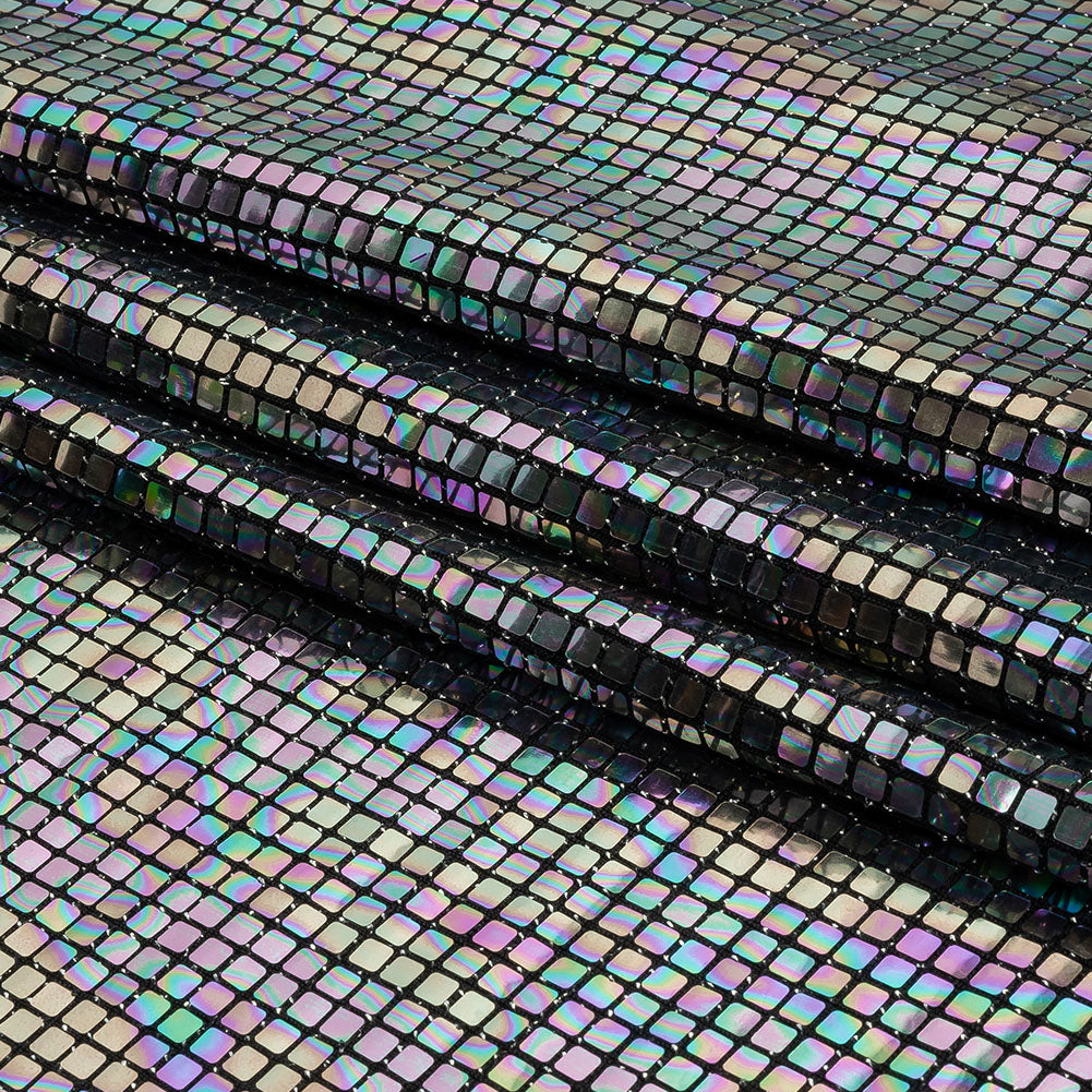 Silver Oil Slick and Black Squares Foiled Stretch Nylon Knit Silver Oil Slick and Black Squares Foiled Stretch Nylon Knit