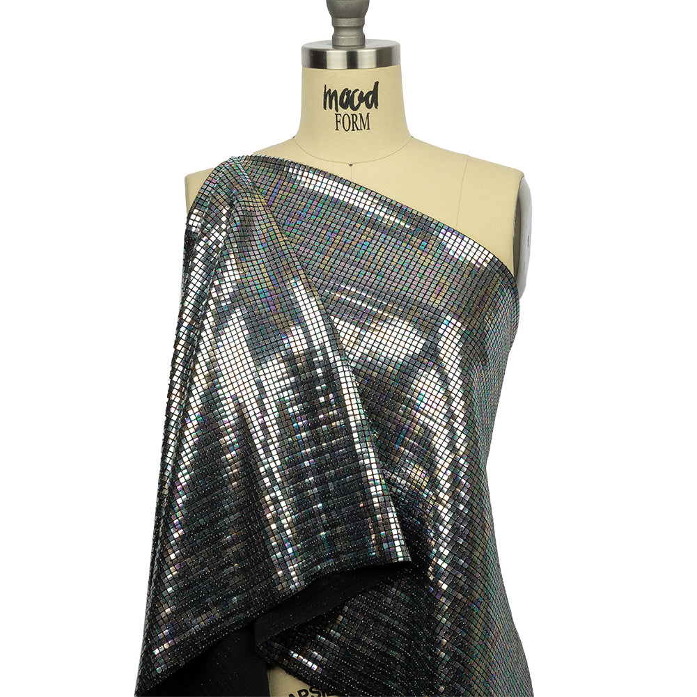 Silver Oil Slick and Black Squares Foiled Stretch Nylon Knit Silver Oil Slick and Black Squares Foiled Stretch Nylon Knit