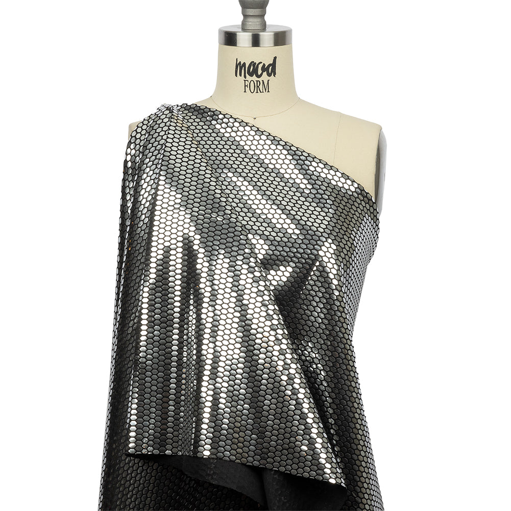 Black and Silver Hexagons Foiled Stretch Polyester Knit Black and Silver Hexagons Foiled Stretch Polyester Knit