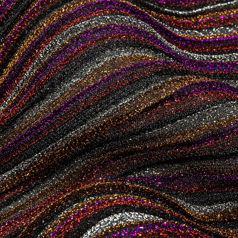 Pleated Polyester Knit - Pink, Silver and Gold Metallic Stripes Pleated Polyester Knit - Pink, Silver and Gold Metallic Stripes