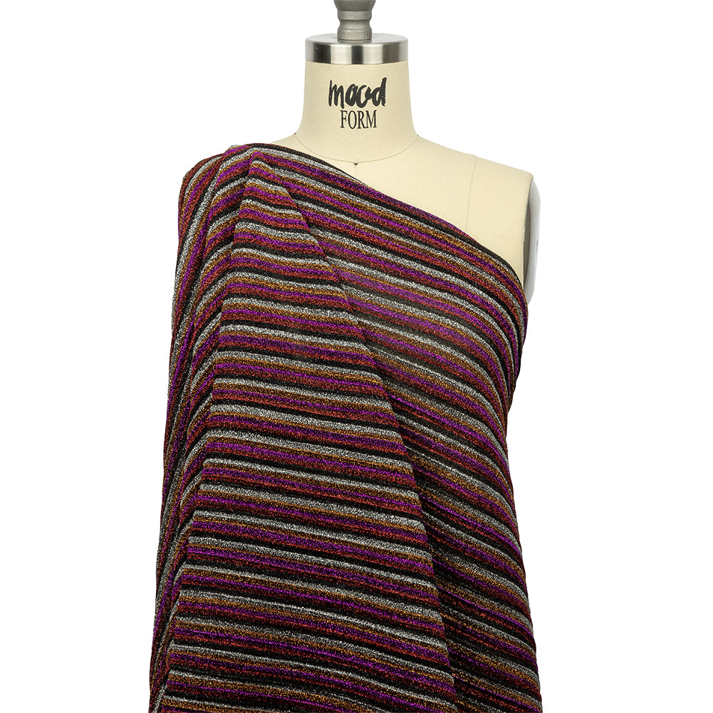 Pleated Polyester Knit - Pink, Silver and Gold Metallic Stripes Pleated Polyester Knit - Pink, Silver and Gold Metallic Stripes