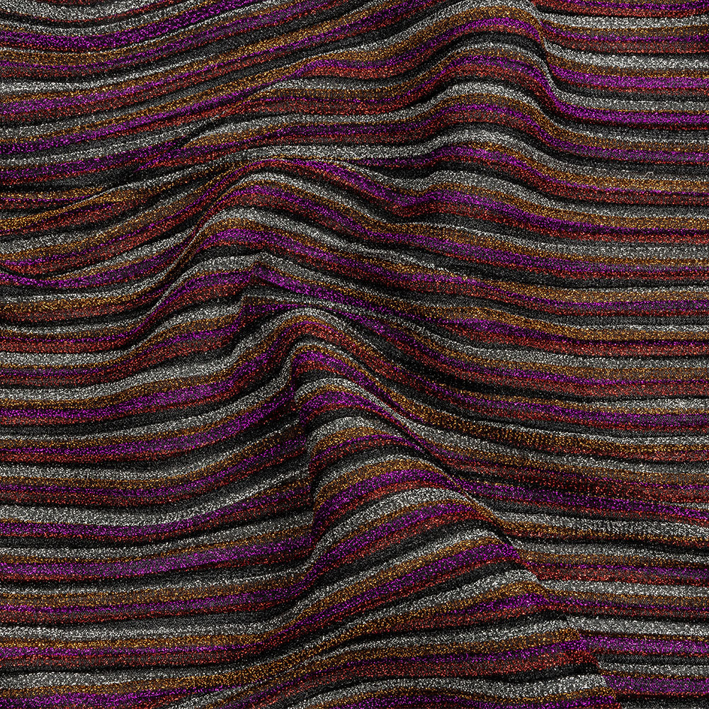 Pleated Polyester Knit - Pink, Silver and Gold Metallic Stripes Pleated Polyester Knit - Pink, Silver and Gold Metallic Stripes