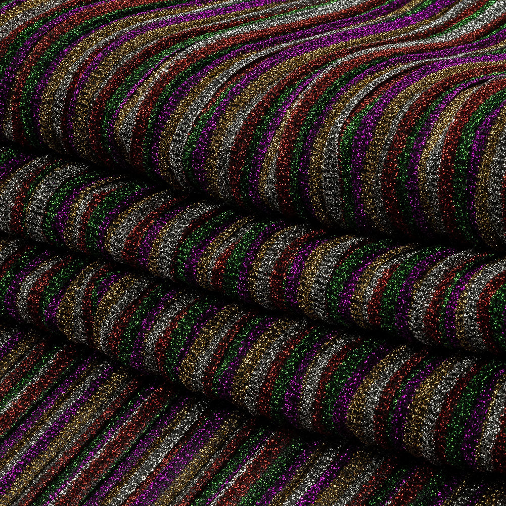 Pleated Polyester Knit - Purple, Green and Red Metallic Stripes - Folded Pleated Polyester Knit - Purple, Green and Red Metallic Stripes - Folded