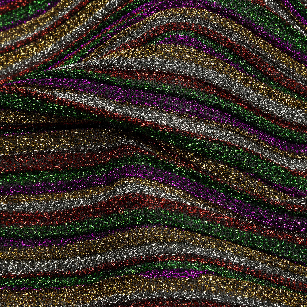 Pleated Polyester Knit - Purple, Green and Red Metallic Stripes - Detail Pleated Polyester Knit - Purple, Green and Red Metallic Stripes - Detail