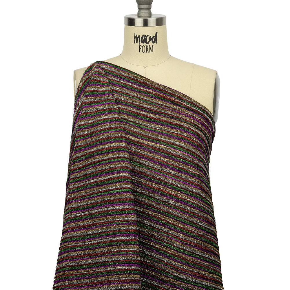 Pleated Polyester Knit - Purple, Green and Red Metallic Stripes - Drape Pleated Polyester Knit - Purple, Green and Red Metallic Stripes - Drape