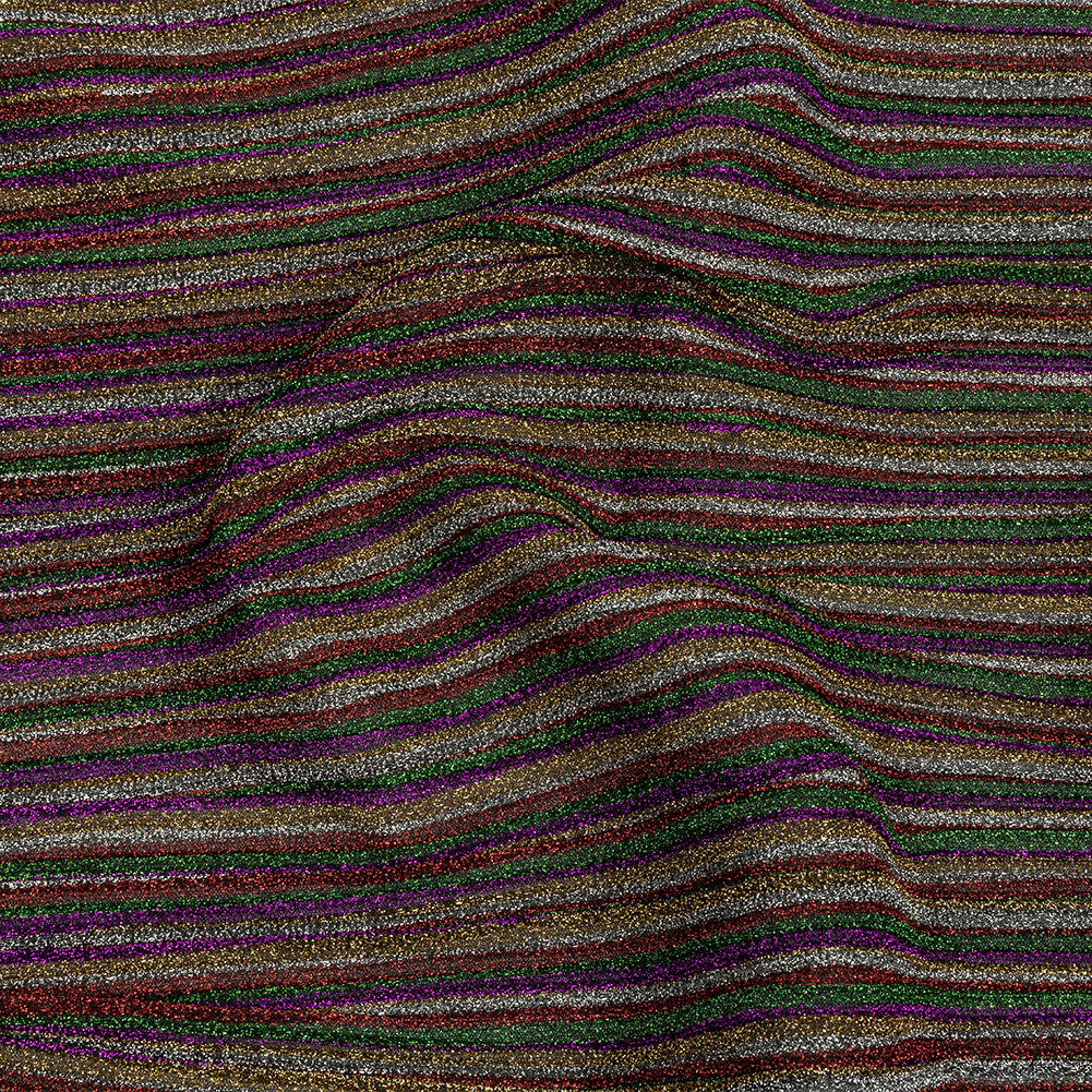 Pleated Polyester Knit - Purple, Green and Red Metallic Stripes Pleated Polyester Knit - Purple, Green and Red Metallic Stripes