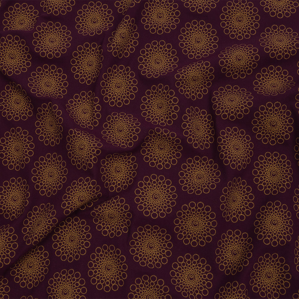 Italian Grape and Metallic Dark Gold Floral Circles Stretch Nylon Jersey Italian Grape and Metallic Dark Gold Floral Circles Stretch Nylon Jersey