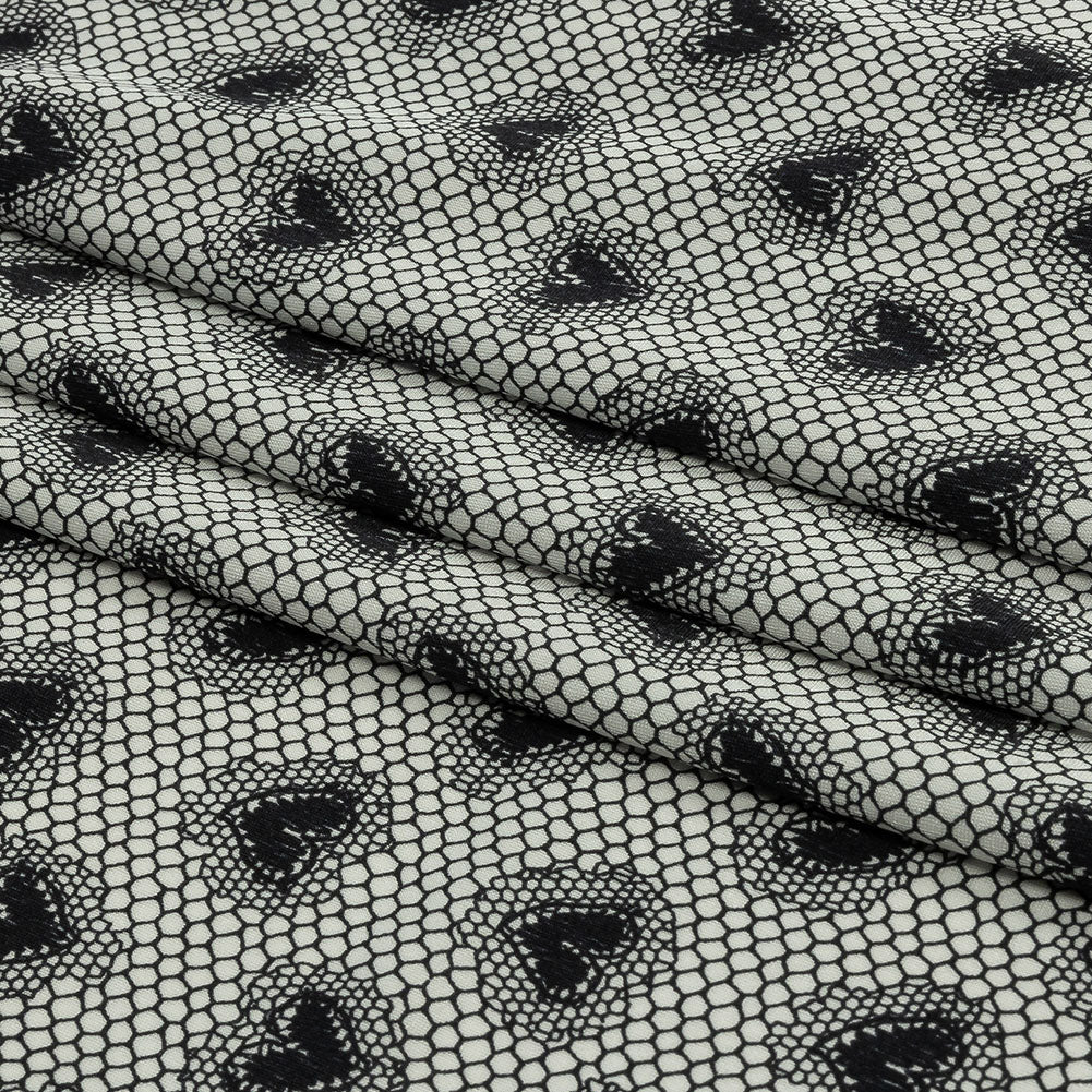 Italian White and Black Lace Hearts Stretch Nylon Jersey Folded Italian White and Black Lace Hearts Stretch Nylon Jersey Folded