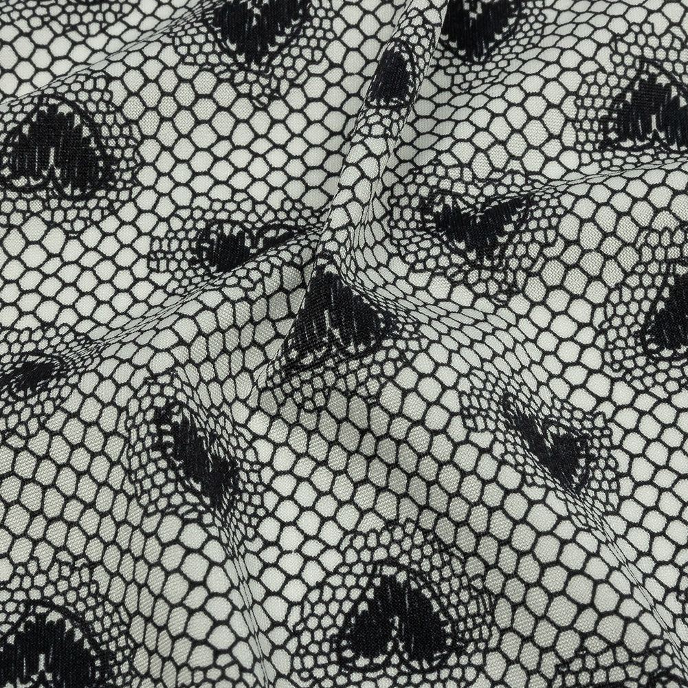 Italian White and Black Lace Hearts Stretch Nylon Jersey Detail Italian White and Black Lace Hearts Stretch Nylon Jersey Detail