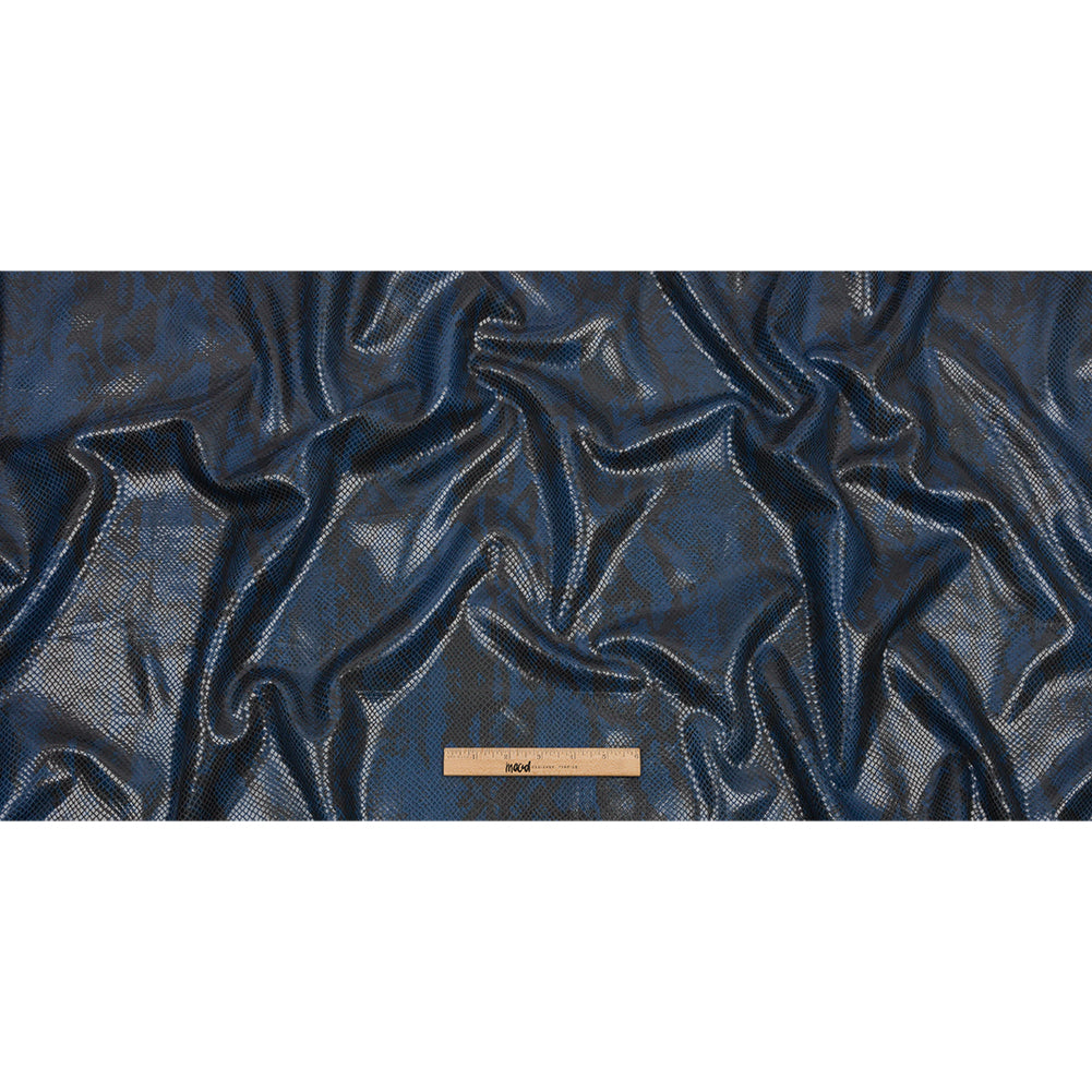 Blue and Charcoal Snakeskin Stretch Faux Leather with Ivory Viscose Jersey Backing Full Blue and Charcoal Snakeskin Stretch Faux Leather with Ivory Viscose Jersey Backing Full