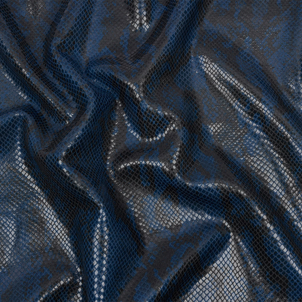 Blue and Charcoal Snakeskin Stretch Faux Leather with Ivory Viscose Jersey Backing Blue and Charcoal Snakeskin Stretch Faux Leather with Ivory Viscose Jersey Backing