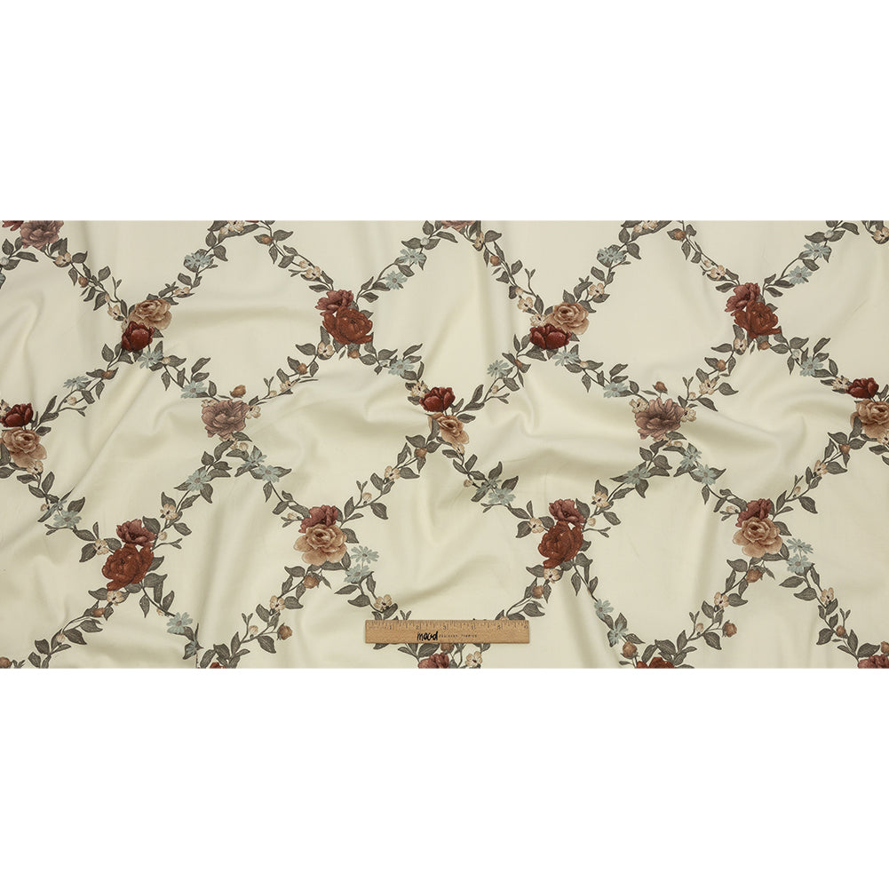 Brushed Stretch Cotton Twill Print - Cream, Green and Red Floral Lattice - Mood Exclusive Rose Above Full Brushed Stretch Cotton Twill Print - Cream, Green and Red Floral Lattice - Mood Exclusive Rose Above Full