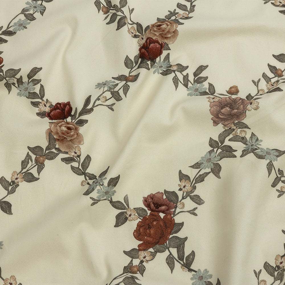Brushed Stretch Cotton Twill Print - Cream, Green and Red Floral Lattice - Mood Exclusive Rose Above Brushed Stretch Cotton Twill Print - Cream, Green and Red Floral Lattice - Mood Exclusive Rose Above