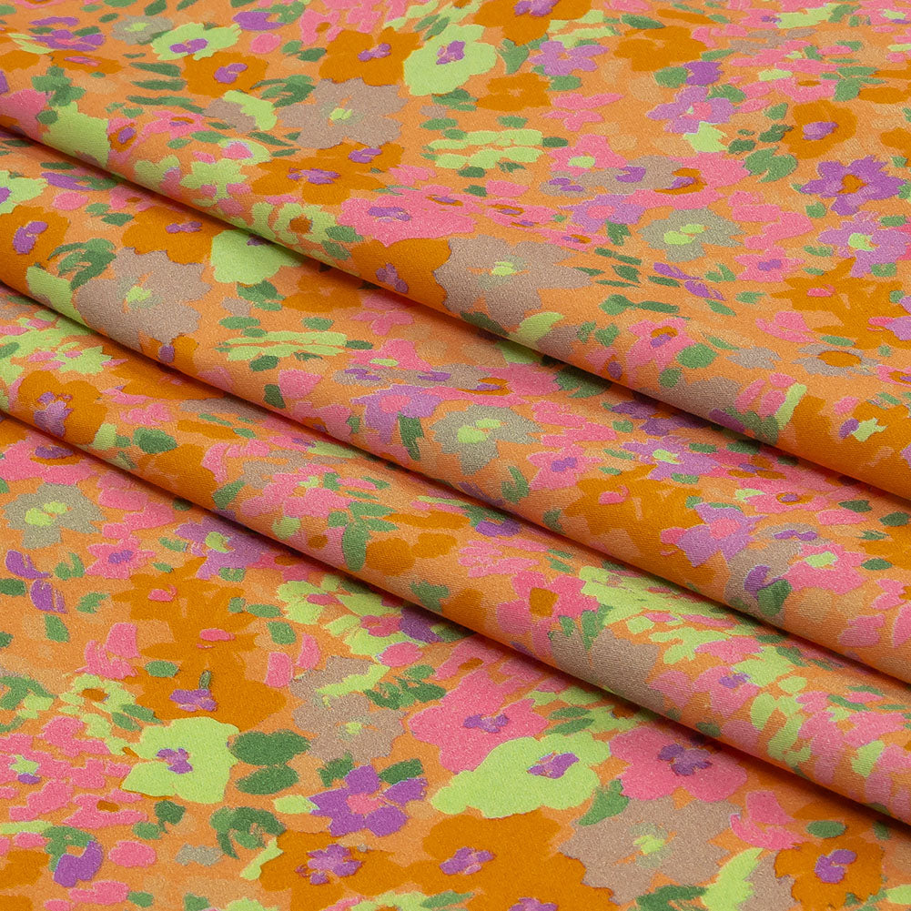 Stretch Cotton and Viscose Sateen Print - Pink and Orange Floral - Mood Exclusive Sunburst - Folded Stretch Cotton and Viscose Sateen Print - Pink and Orange Floral - Mood Exclusive Sunburst - Folded