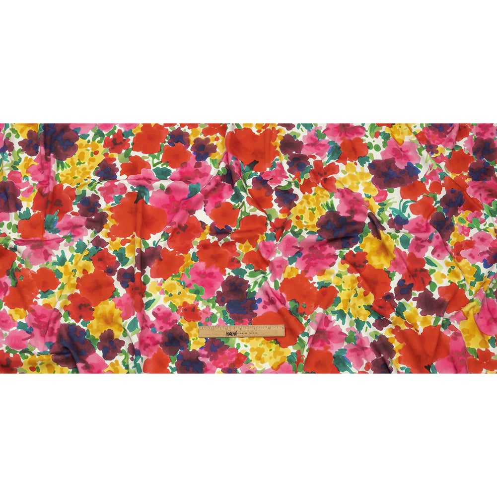 Stretch Cotton and Viscose Sateen Print - Red, Yellow and Green Painterly Floral - Mood Exclusive Spring Afternoon - Full Stretch Cotton and Viscose Sateen Print - Red, Yellow and Green Painterly Floral - Mood Exclusive Spring Afternoon - Full