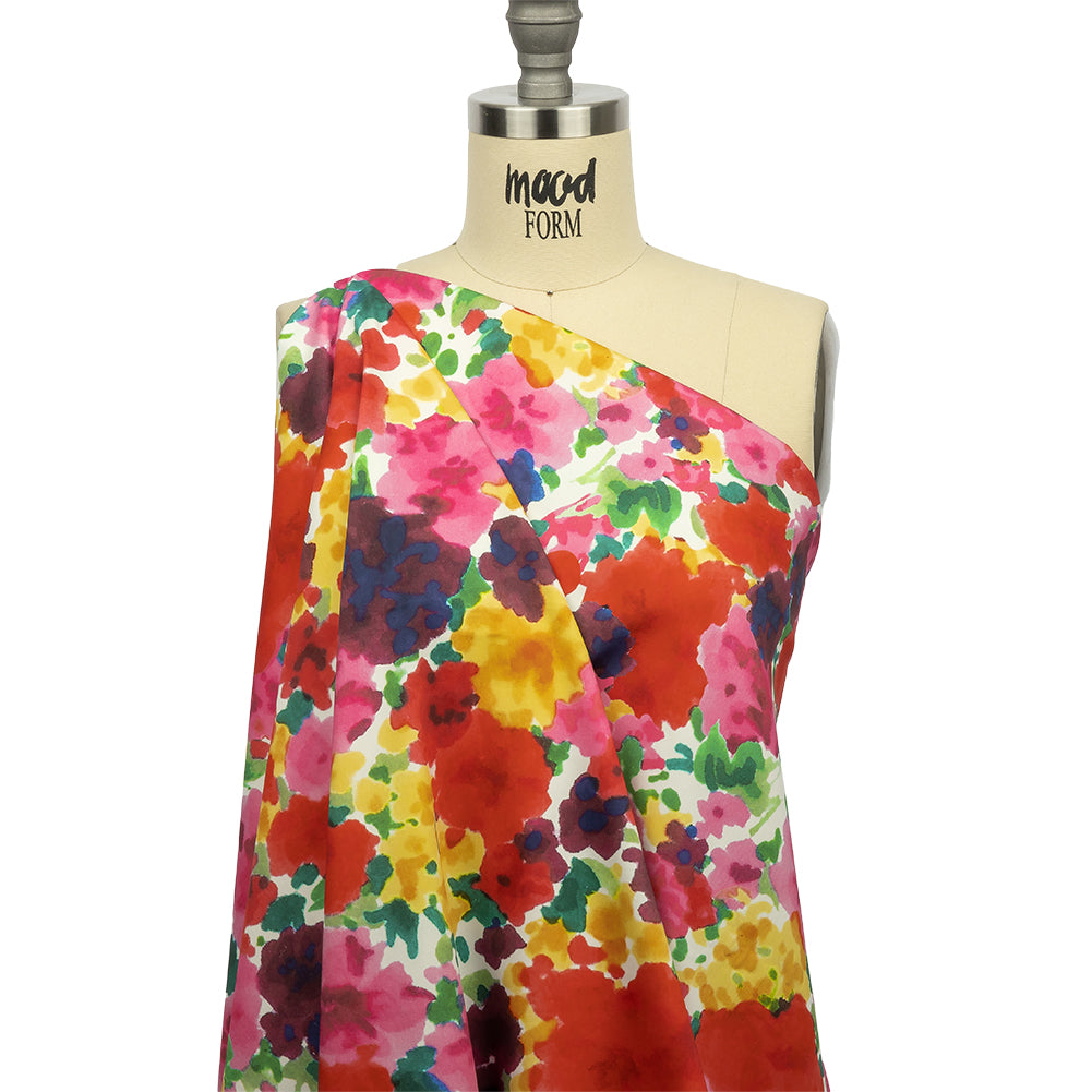 Stretch Cotton and Viscose Sateen Print - Red, Yellow and Green Painterly Floral - Mood Exclusive Spring Afternoon - Drape Stretch Cotton and Viscose Sateen Print - Red, Yellow and Green Painterly Floral - Mood Exclusive Spring Afternoon - Drape