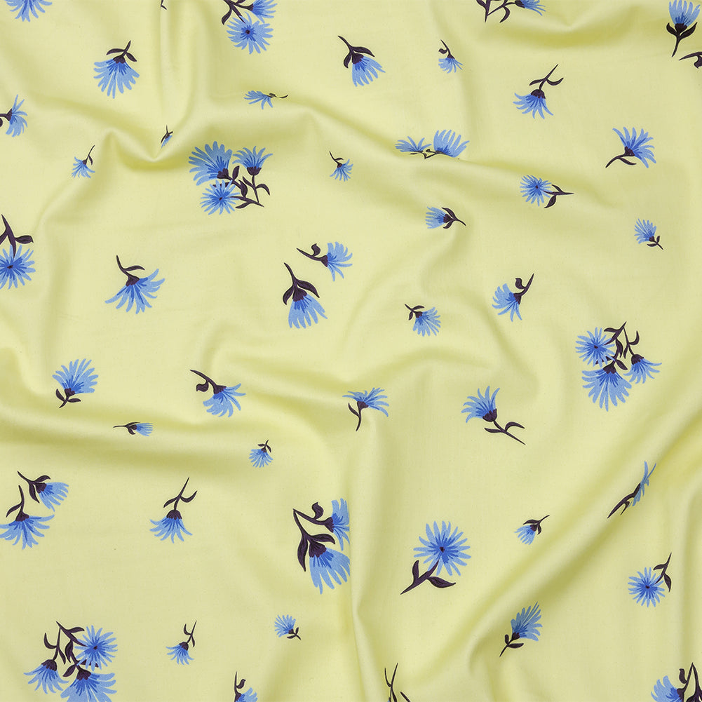 Stretch Cotton and Viscose Sateen Print - Pale Yellow and Blue Floral - Mood Exclusive Daisy Dance Stretch Cotton and Viscose Sateen Print - Pale Yellow and Blue Floral - Mood Exclusive Daisy Dance