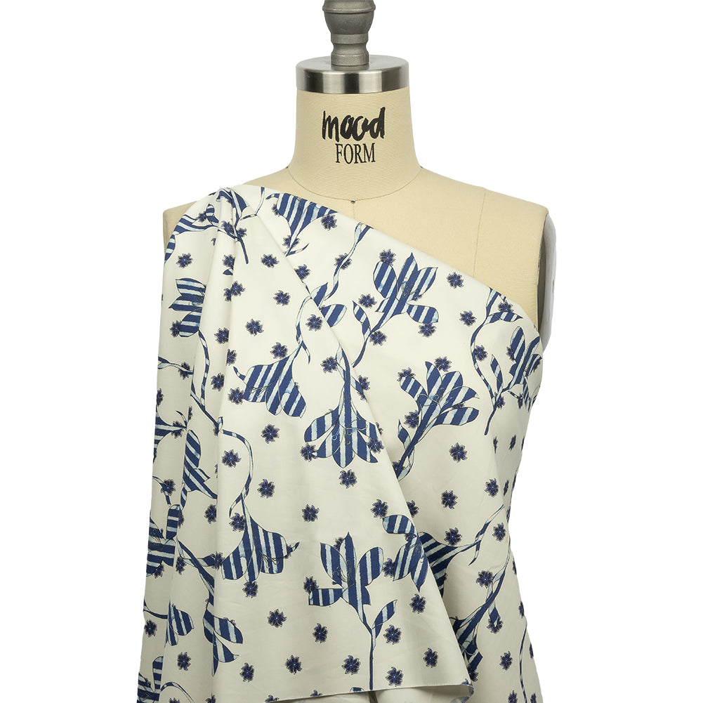 Stretch Cotton and Viscose Sateen Print - Blue and Cream Striped Flowers - Mood Exclusive Drip Drip Drop Stretch Cotton and Viscose Sateen Print - Blue and Cream Striped Flowers - Mood Exclusive Drip Drip Drop