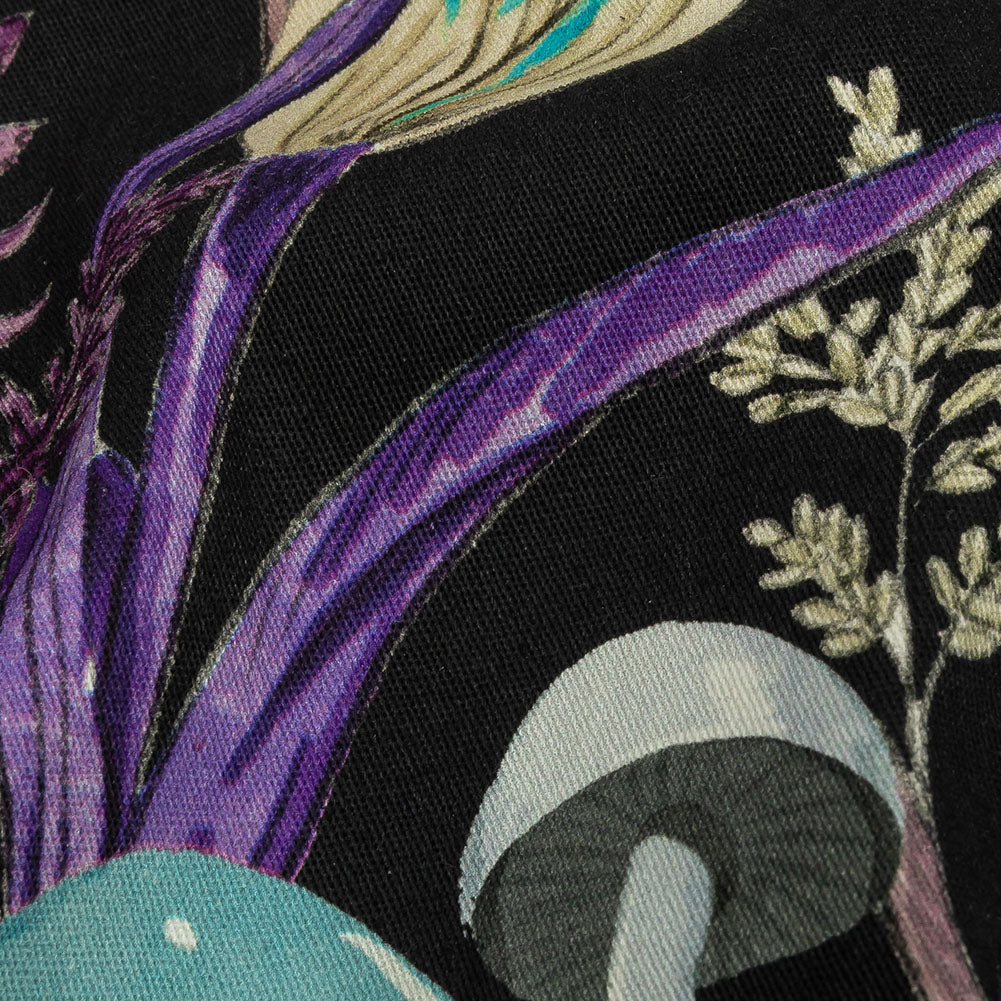Stretch Cotton Twill Print - Midnight, Blue and Purple Mushrooms and Flowers - Mood Exclusive Mycelium Mystique Stretch Cotton Twill Print - Midnight, Blue and Purple Mushrooms and Flowers - Mood Exclusive Mycelium Mystique