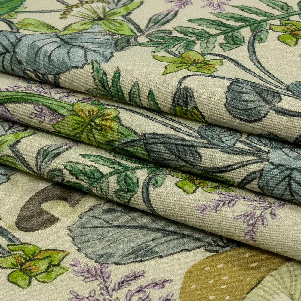 Stretch Cotton Twill Print - Cream. Green and Blue Mushrooms and Flowers - Mood Exclusive Mycelium Mystique Stretch Cotton Twill Print - Cream. Green and Blue Mushrooms and Flowers - Mood Exclusive Mycelium Mystique
