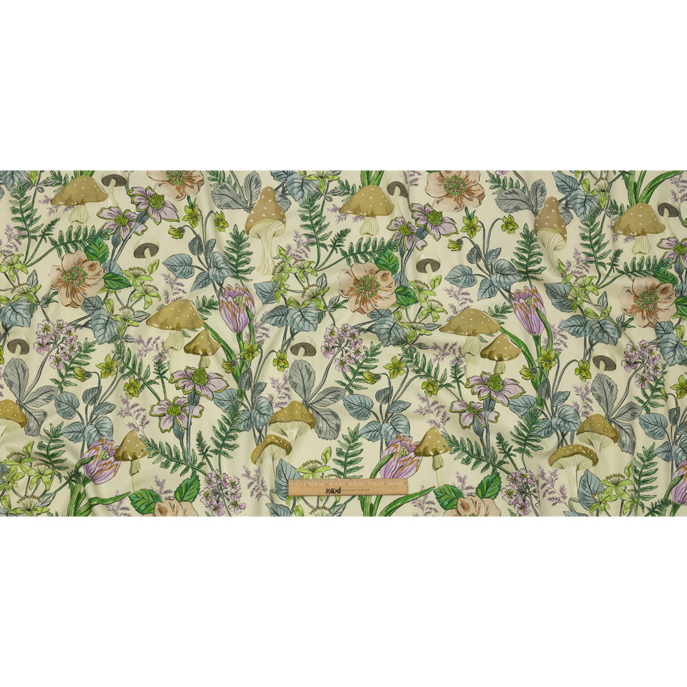 Stretch Cotton Twill Print - Cream. Green and Blue Mushrooms and Flowers - Mood Exclusive Mycelium Mystique Stretch Cotton Twill Print - Cream. Green and Blue Mushrooms and Flowers - Mood Exclusive Mycelium Mystique