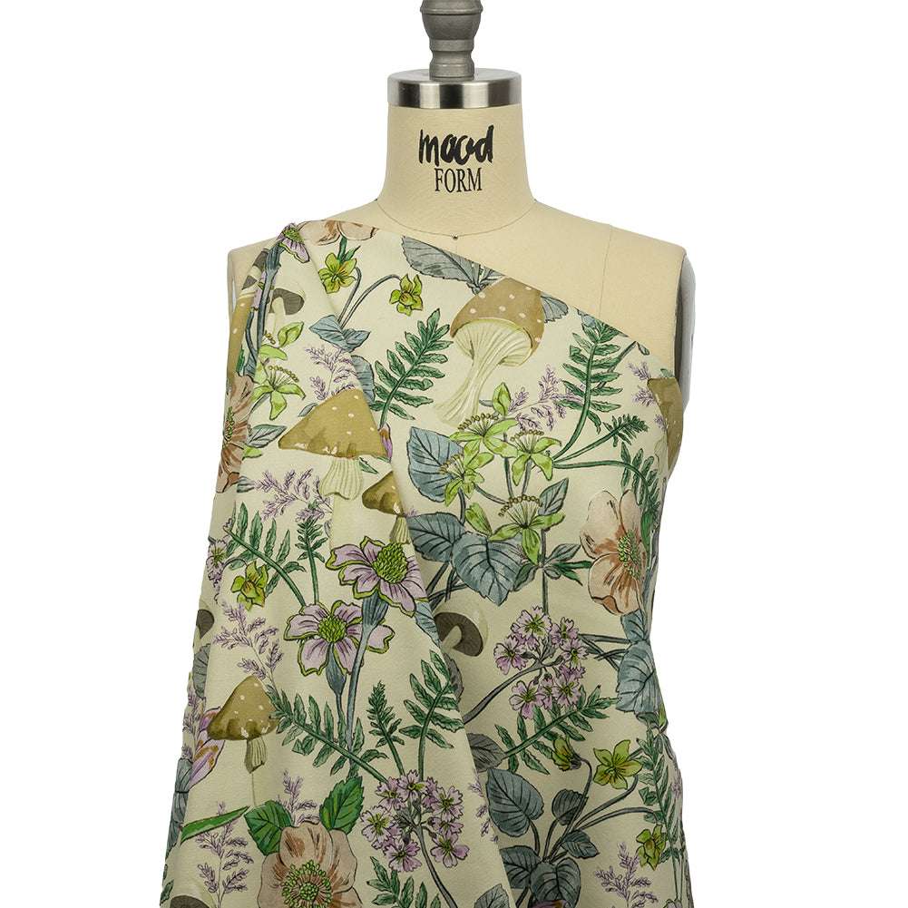 Stretch Cotton Twill Print - Cream. Green and Blue Mushrooms and Flowers - Mood Exclusive Mycelium Mystique Stretch Cotton Twill Print - Cream. Green and Blue Mushrooms and Flowers - Mood Exclusive Mycelium Mystique