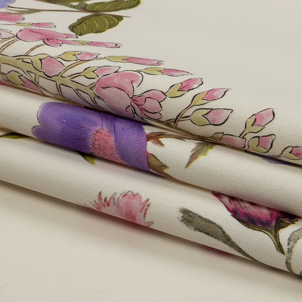 Stretch Cotton Canvas Print - White, Peach and Lavender Floral - Mood Exclusive English Gardens Folded Stretch Cotton Canvas Print - White, Peach and Lavender Floral - Mood Exclusive English Gardens Folded