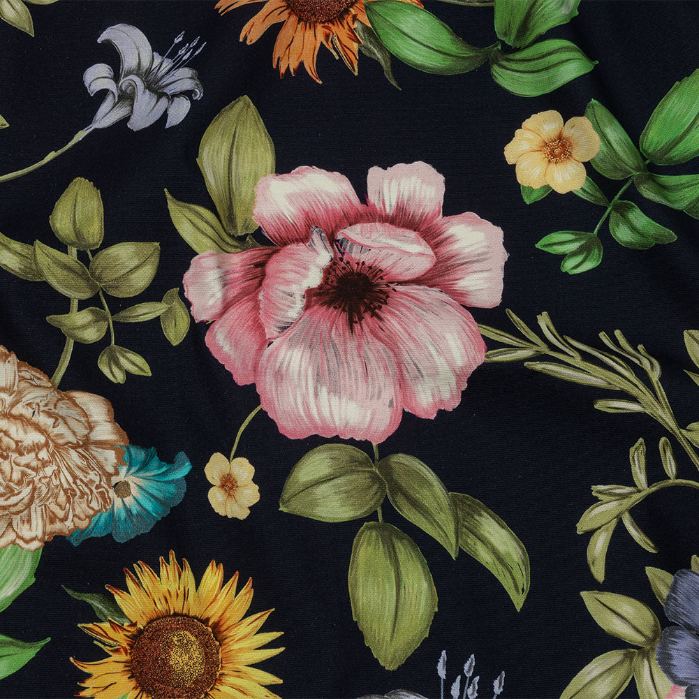 Stretch Cotton Canvas Print - Navy, Pink and Green Floral - Mood Exclusive Wonderland Garden Stretch Cotton Canvas Print - Navy, Pink and Green Floral - Mood Exclusive Wonderland Garden