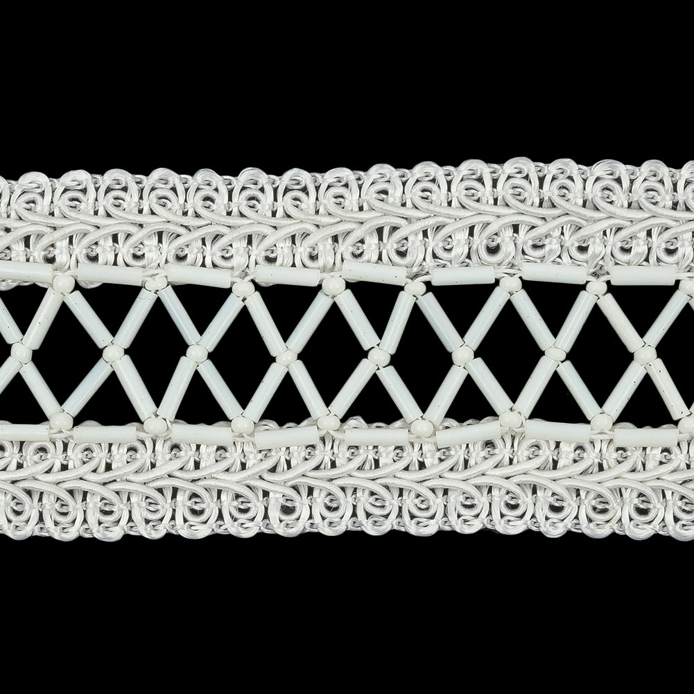 Vintage White and Ivory Lattice Window Rectangular Beaded and Braided Applique - 7.75" x 1.5" Detail Vintage White and Ivory Lattice Window Rectangular Beaded and Braided Applique - 7.75" x 1.5" Detail