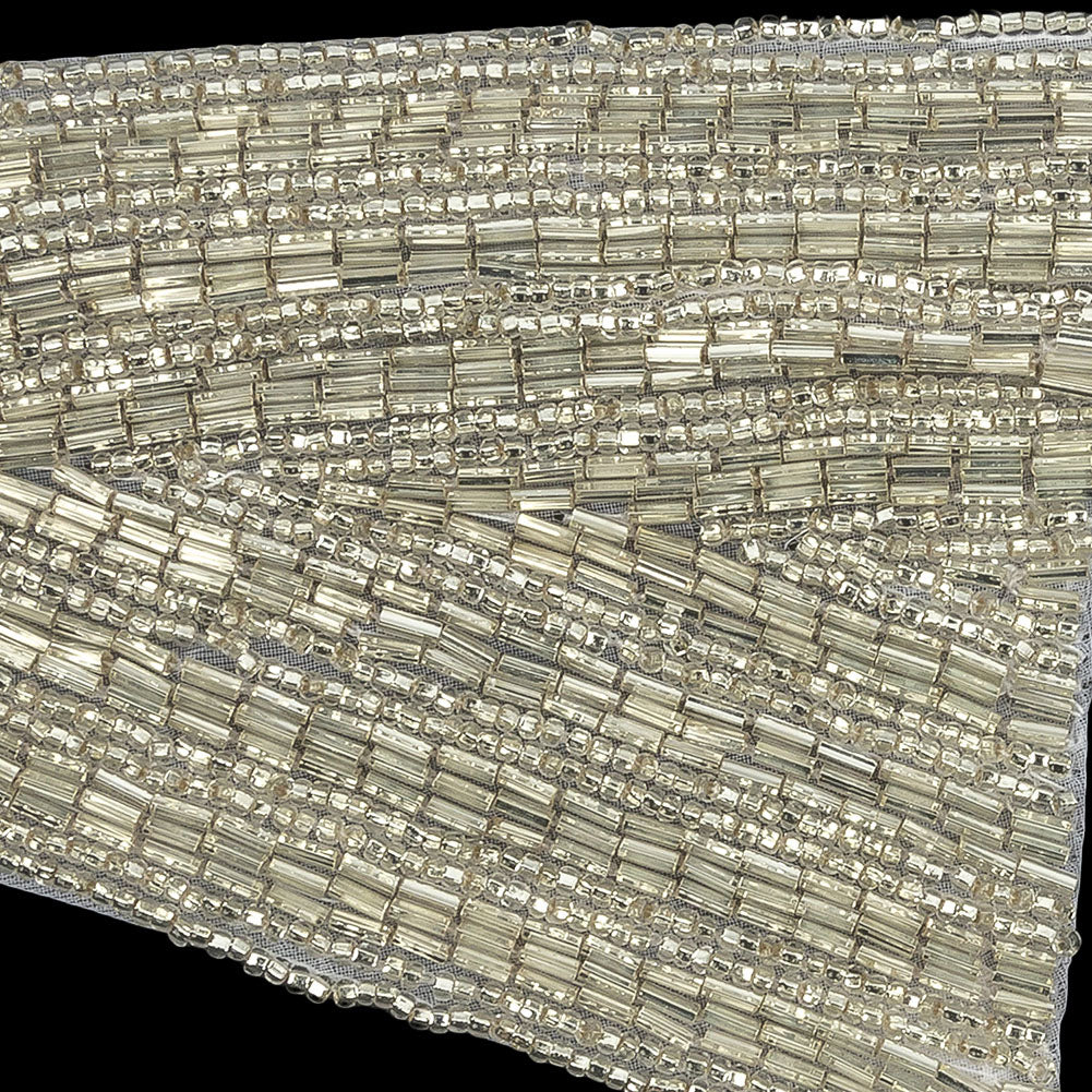 Vintage Silver Geometric Glass Beaded Right Lapel Applique - 13" x 3.625" Detail Vintage Silver Geometric Glass Beaded Right Lapel Applique - 13" x 3.625" Detail